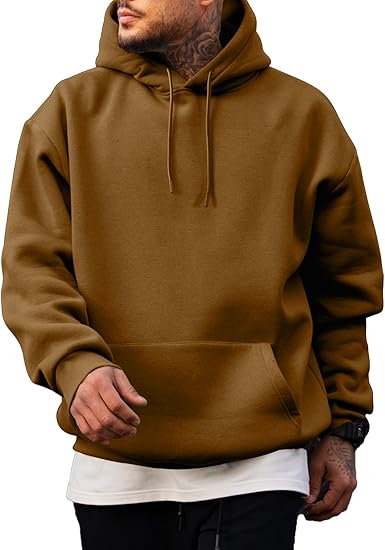 Men’s Oversized Hoodie Sweatshirt — Casual Pullover with Kangaroo Pocket, Adjustable Hood & Long Sleeves, Thick Warm Fleece for Autumn & Winter (Brown-Yellow)