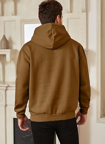 Men’s Oversized Hoodie Sweatshirt — Casual Pullover with Kangaroo Pocket, Adjustable Hood & Long Sleeves, Thick Warm Fleece for Autumn & Winter (Brown-Yellow)