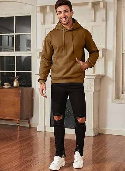 Men’s Oversized Hoodie Sweatshirt — Casual Pullover with Kangaroo Pocket, Adjustable Hood & Long Sleeves, Thick Warm Fleece for Autumn & Winter (Brown-Yellow)