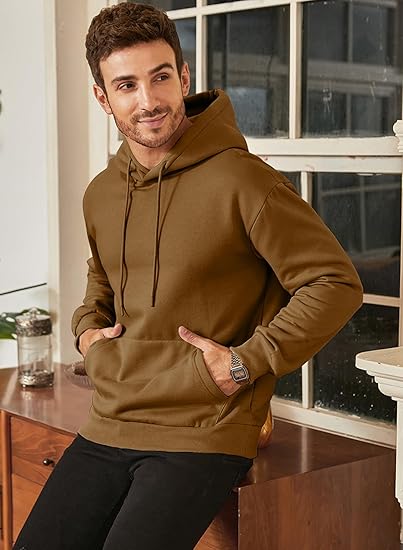 Men’s Oversized Hoodie Sweatshirt — Casual Pullover with Kangaroo Pocket, Adjustable Hood & Long Sleeves, Thick Warm Fleece for Autumn & Winter (Brown-Yellow)